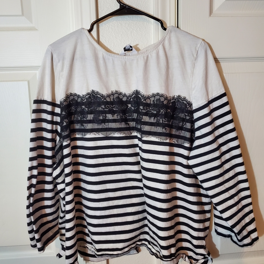 Long Sleeved White and Black Stripe w/Lace